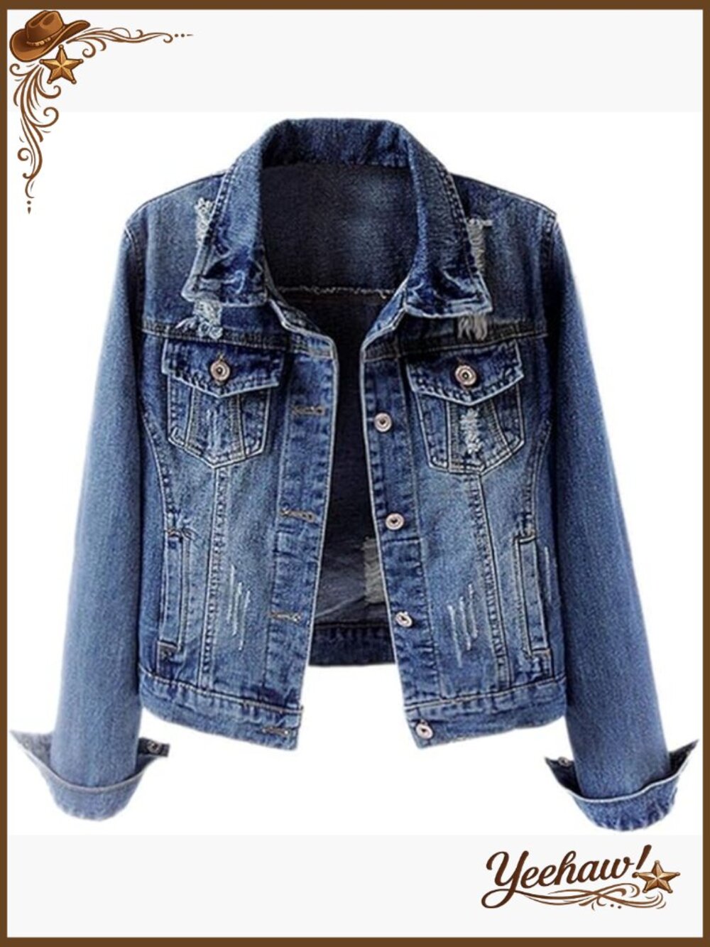 Distressed Ripped Long Sleeve Denim Trucker Jacket Button Front